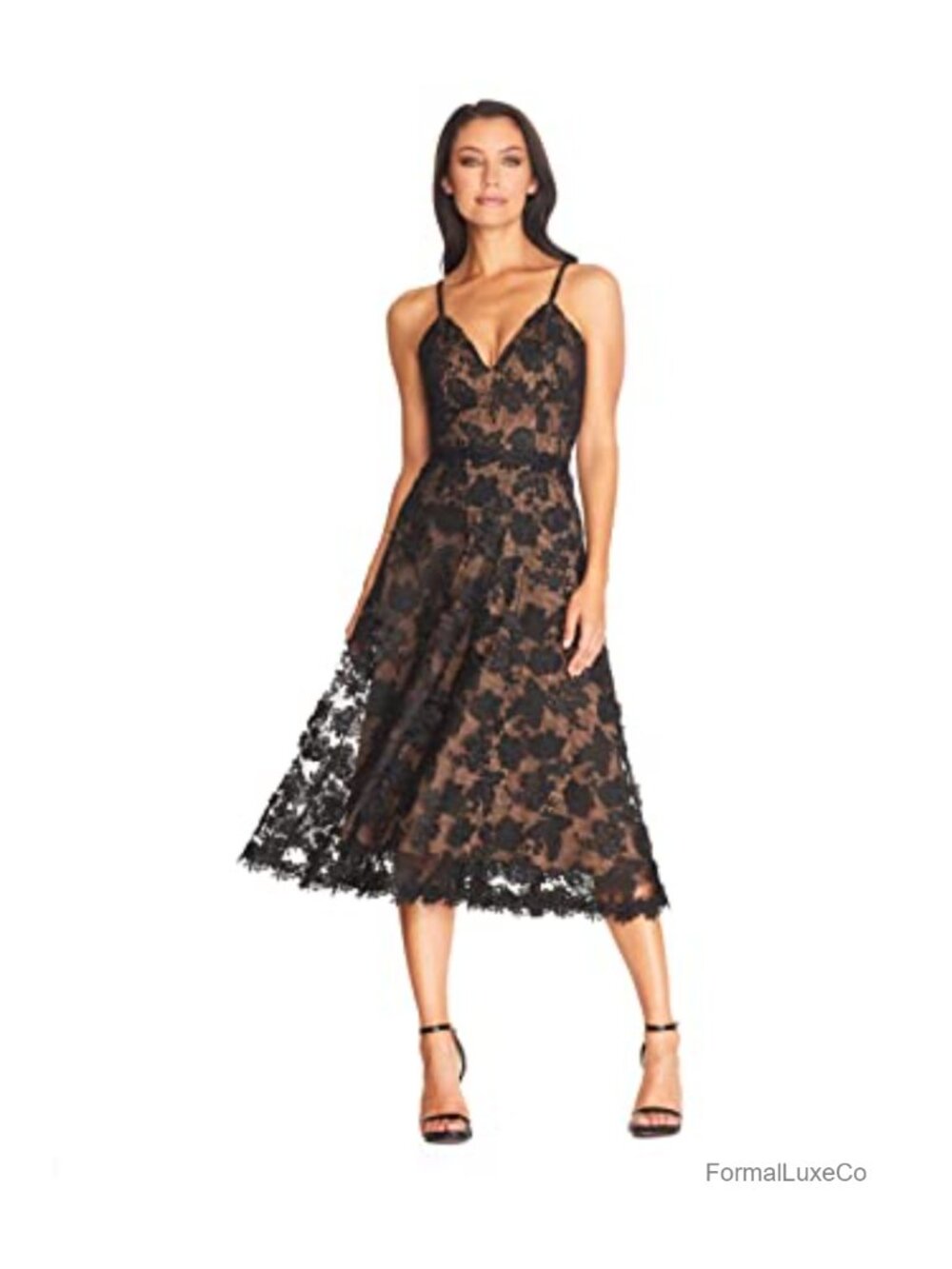 Womens Tahani Plunge Neckline Fit and Flare Midi Dress Floral Embroidery